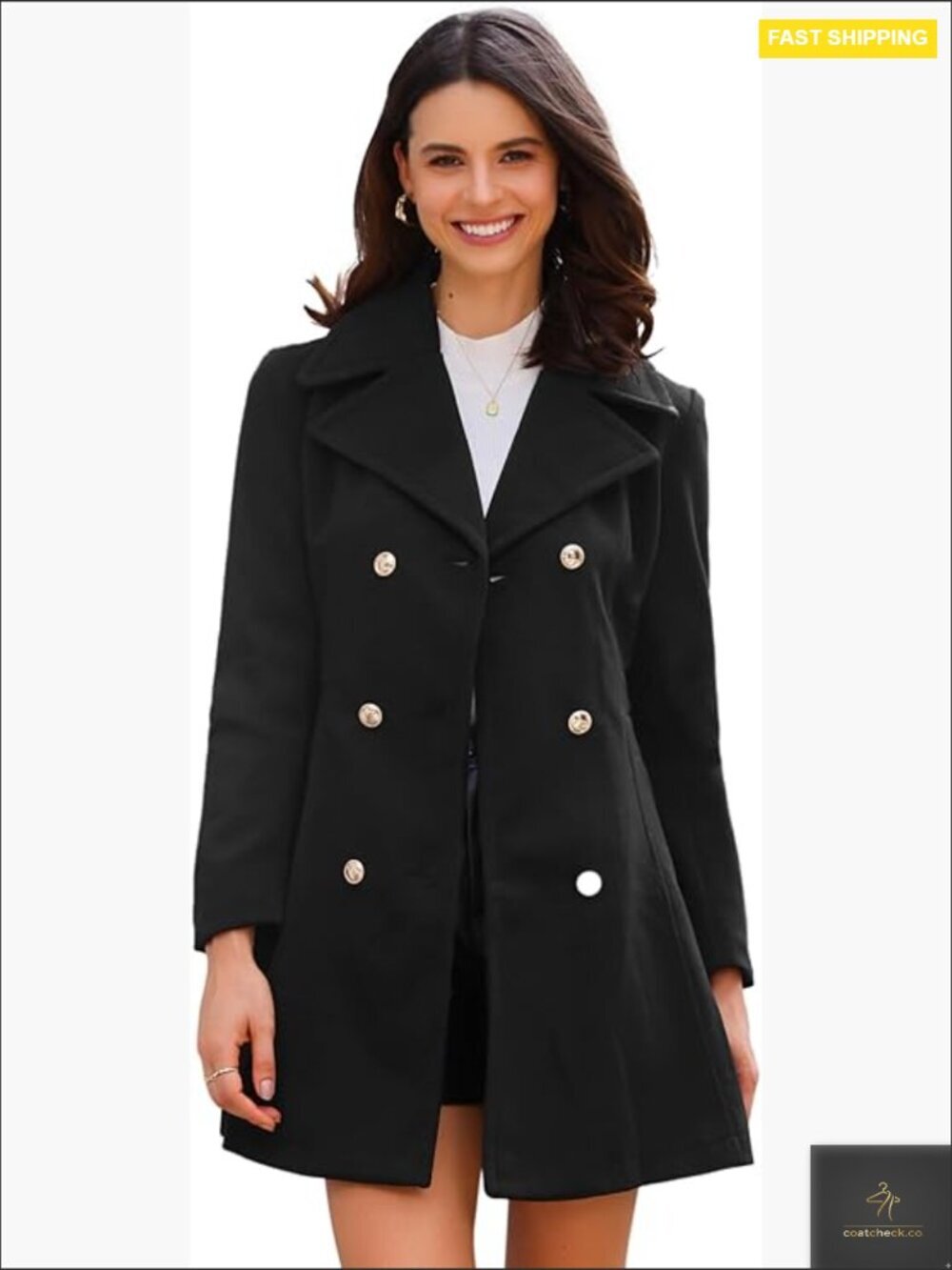 A-Line Double Breasted Pea Coat Lapel Collar Long Winter Wool Blend Overcoat